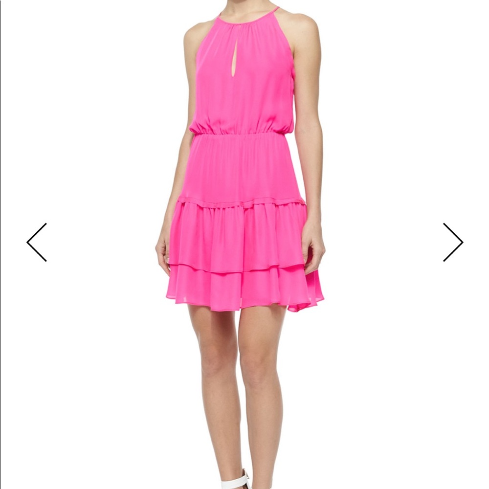 PARKER Hot Pink Silk Tiered Ruffle Halter Dress S